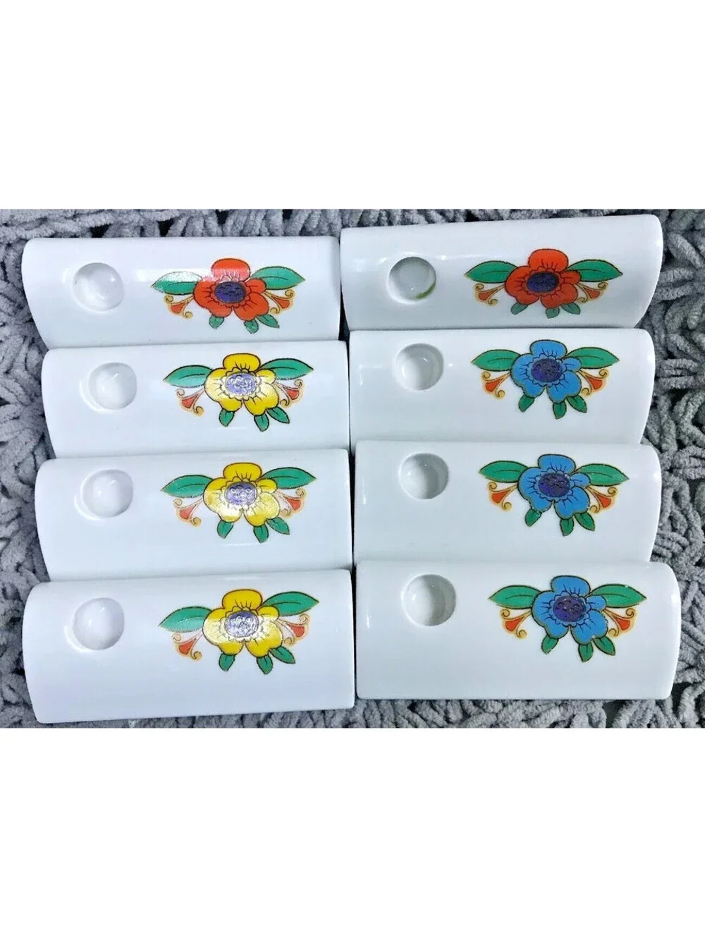 West German Candle Holders White With Flowers Blue Yellow Red 3” Funny Design